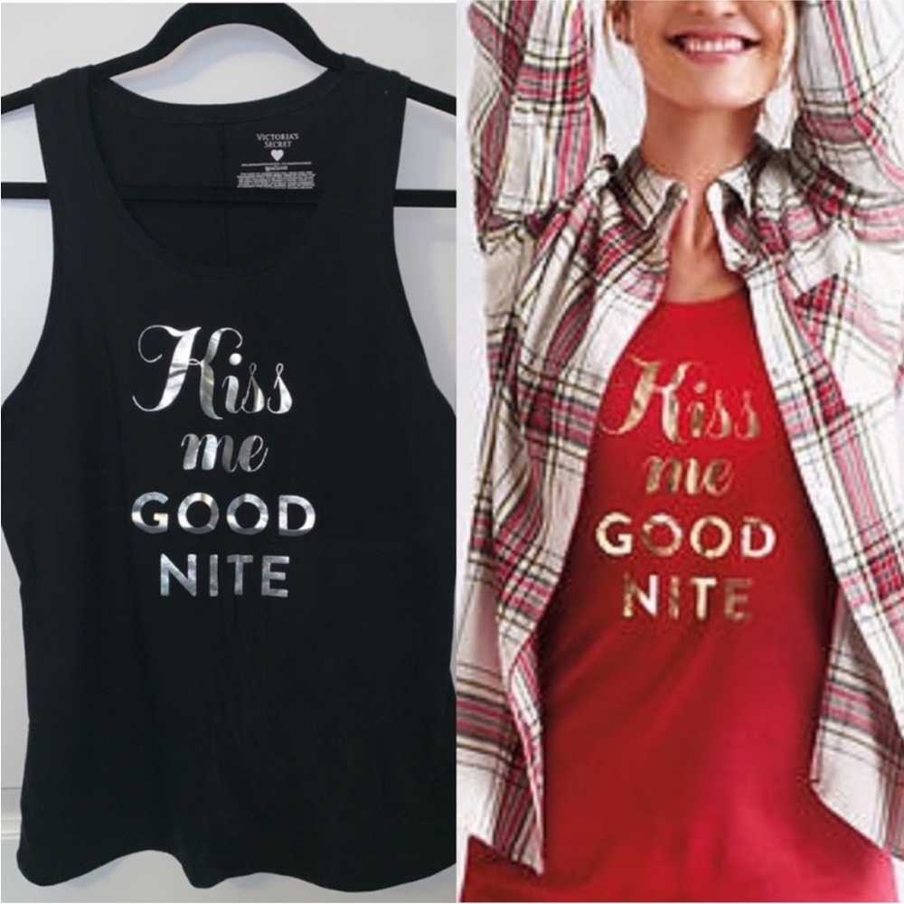 VICTORIA’S SECRET KISS ME GOOD NITE BLACK SILVER GRAPHIC TANK TEE SHIRT TOP XL